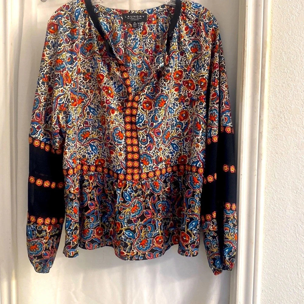 Laundry By Shelli Segal Colorful Trippy Eccentric Pattern Print Long  Sleeve Top